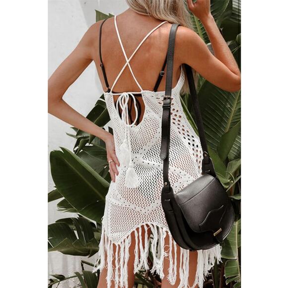 Endless Blu White Crochet Fringe Cover Up Boho Festival Beach Dress Size L - Picture 9 of 10